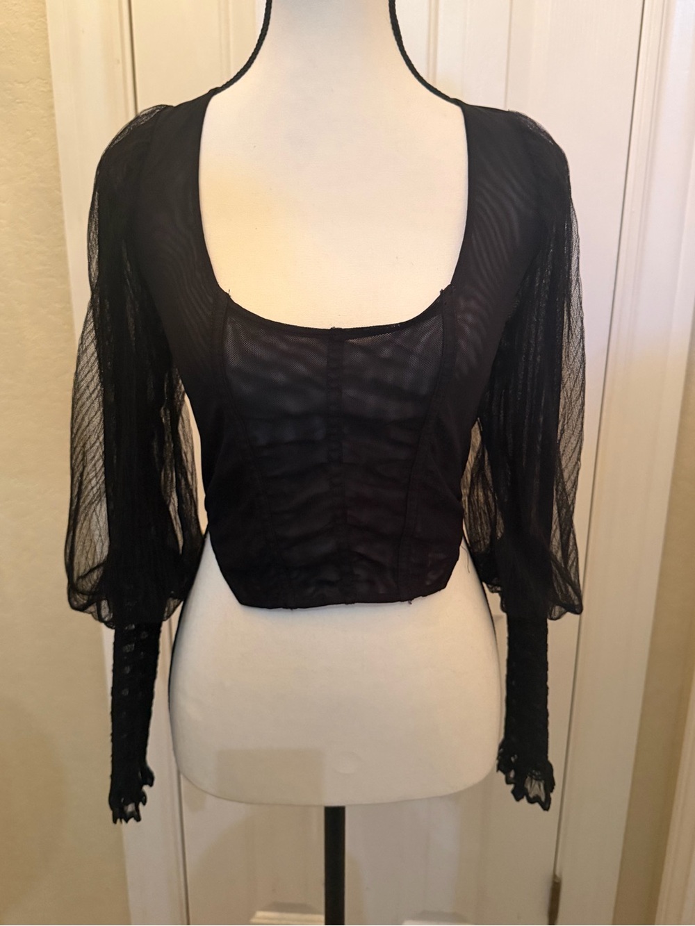 103. Free People Black Sheer Long-Sleeve Cropped Blouse